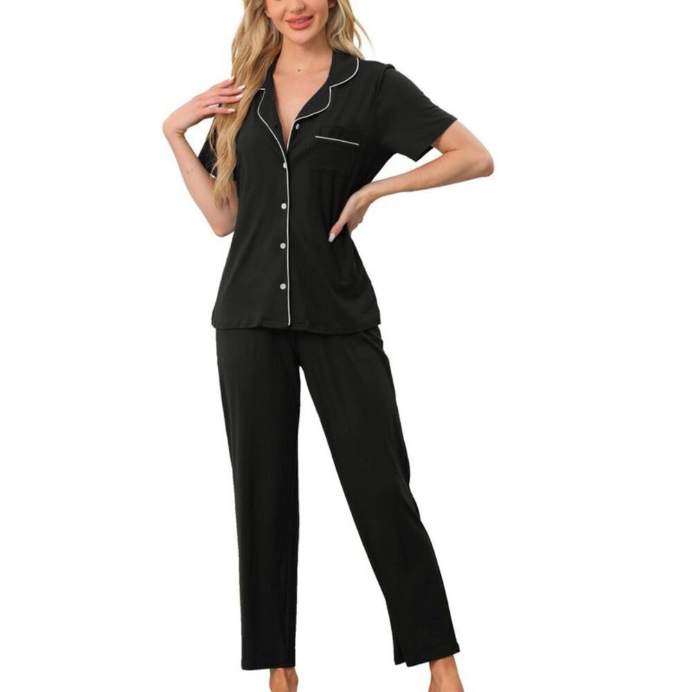 cheibear Women's 2 Pcs Button Down Short Sleeve Shirt Pants Pajama XS